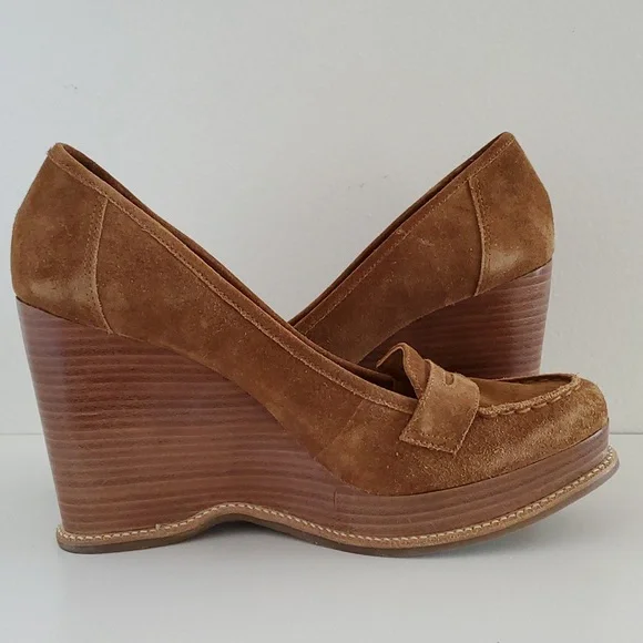 Michael Kors leather loafer wedges in luggage suede 10m - Picture 6 of 9